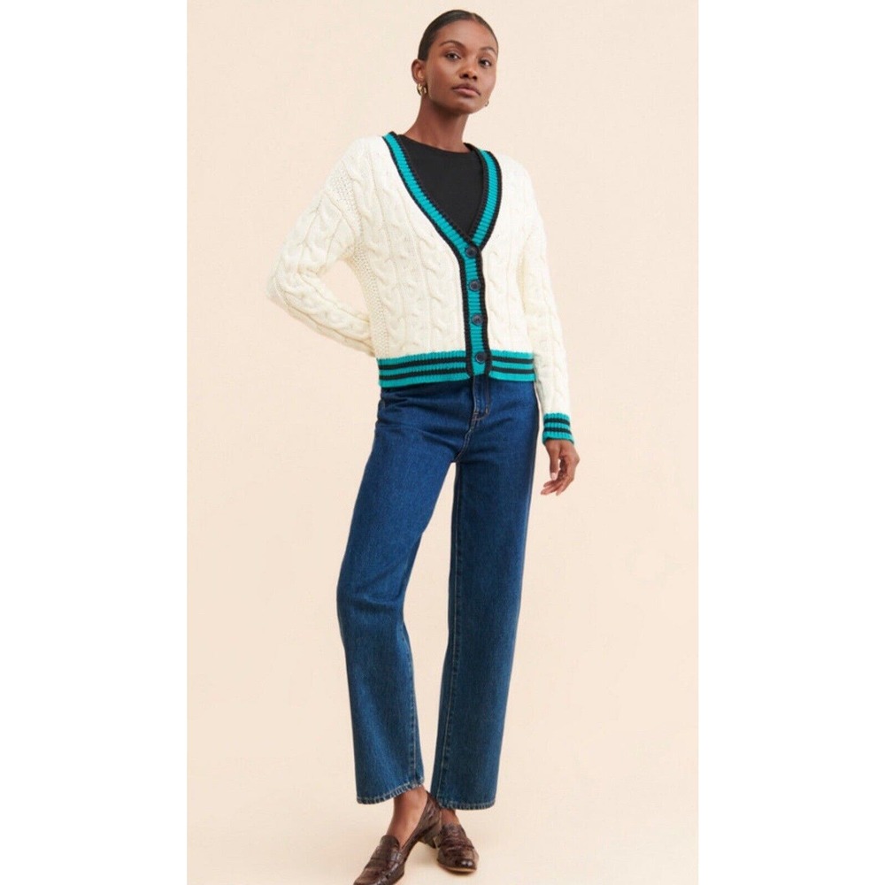 Maeve Varsity Cable-Knit Cotton Cardigan Sweater. Cream, Teal, Navy Chunky Small